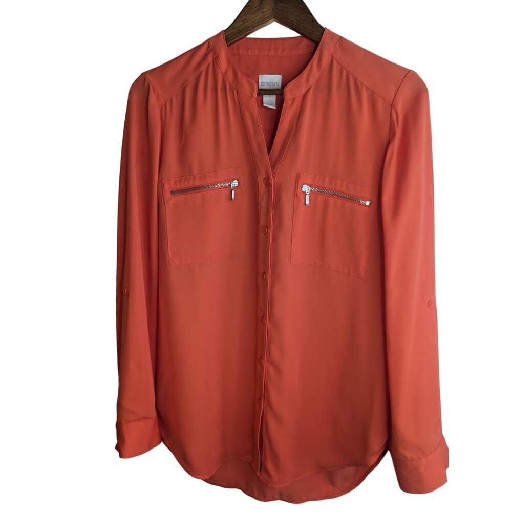 Chico's Zip Pocket Button-UP Campbell Blouse Roll-Tab Sleeves Semi Sheer Sz M